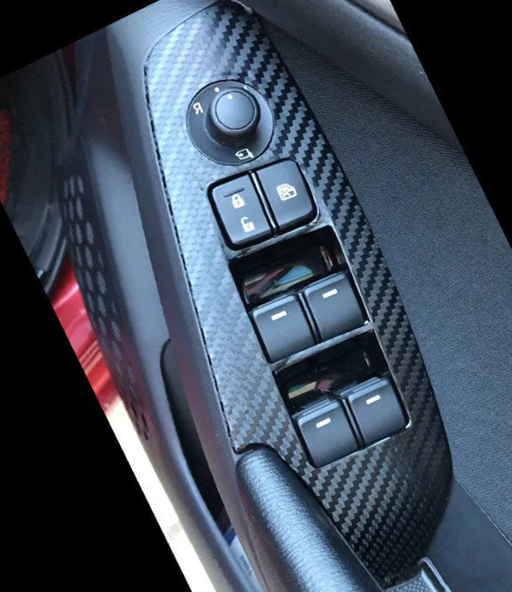 Set of four TPU protective films for car door control panel, shown in transparent, matte black, and carbon fibre black finishes.