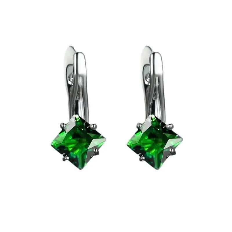 Copper women's earrings with diamond design featuring inlaid zircon stones in blue, colour, and green options