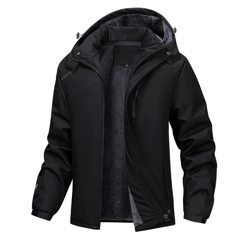 Men's plus size hooded coat in Army Green, made from waterproof polyester fabric.