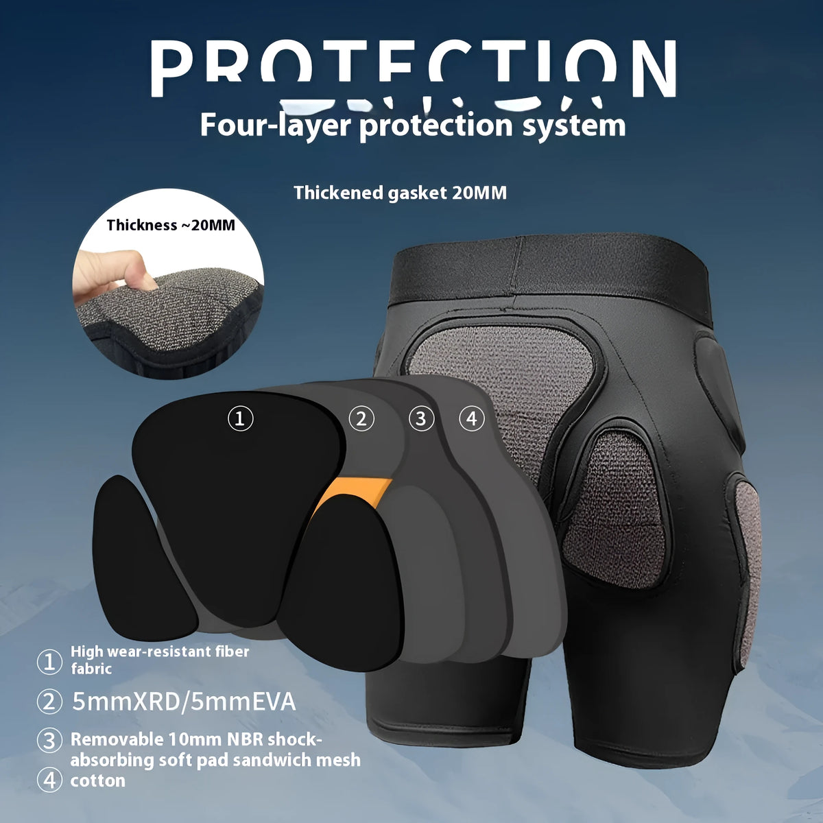 X-ray diffraction skiing anti-fall protective inner wear hip pad and knee pad set