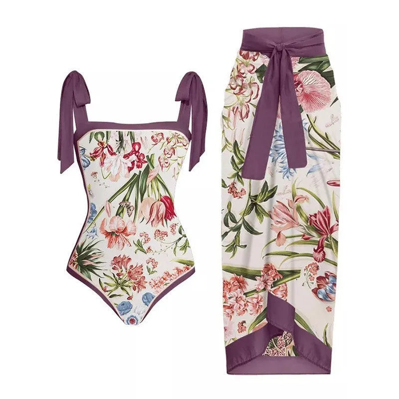 Women's retro one-piece swimsuit with chiffon skirt in floral or marble pattern