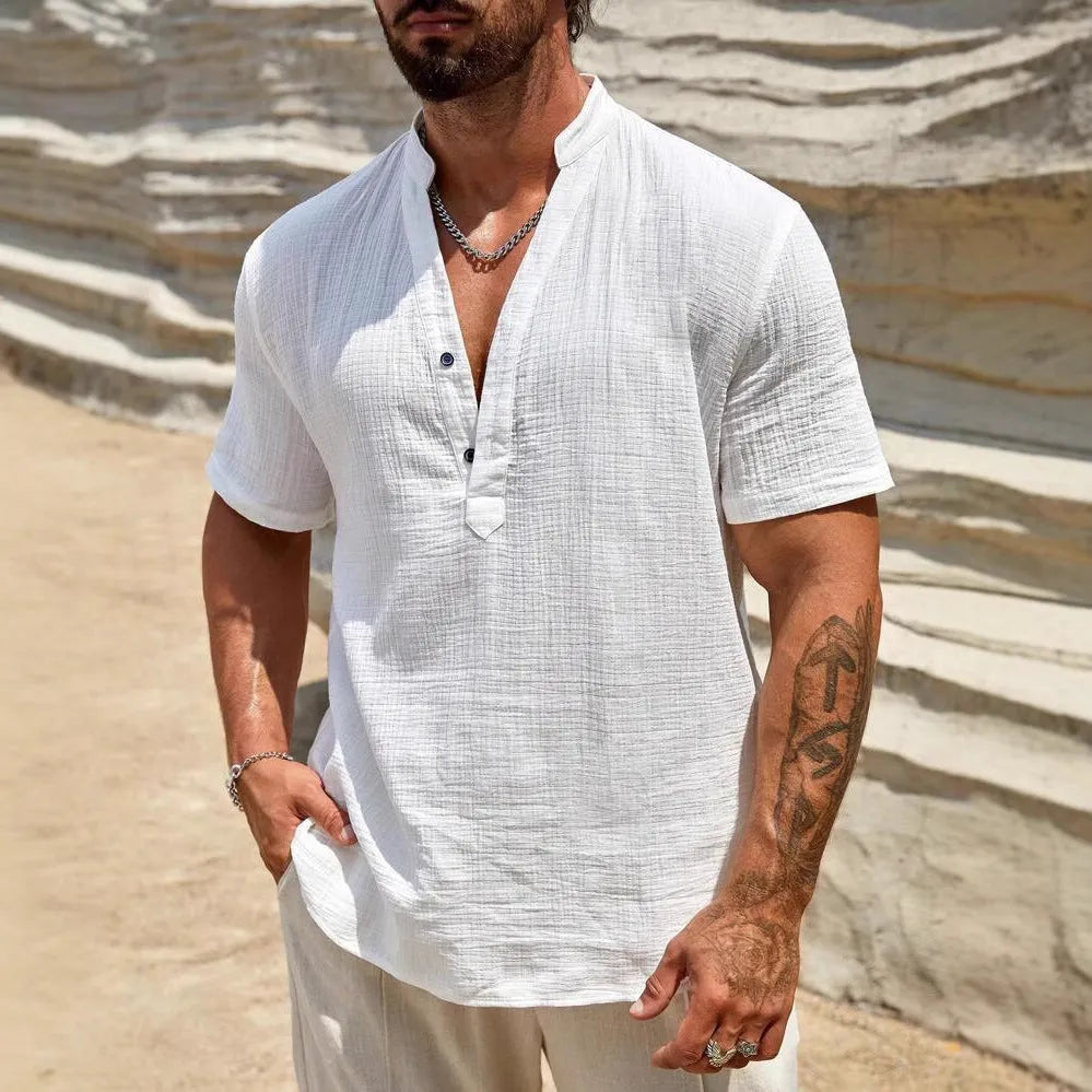 Men's stand collar short sleeve shirt in solid colour with breathable fabric for summer casual wear