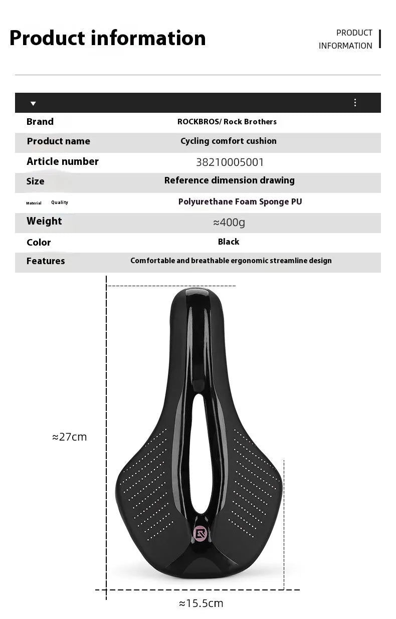 Black and pink bicycle seat cushion for mountain bikes and sports road bikes with PU foam construction