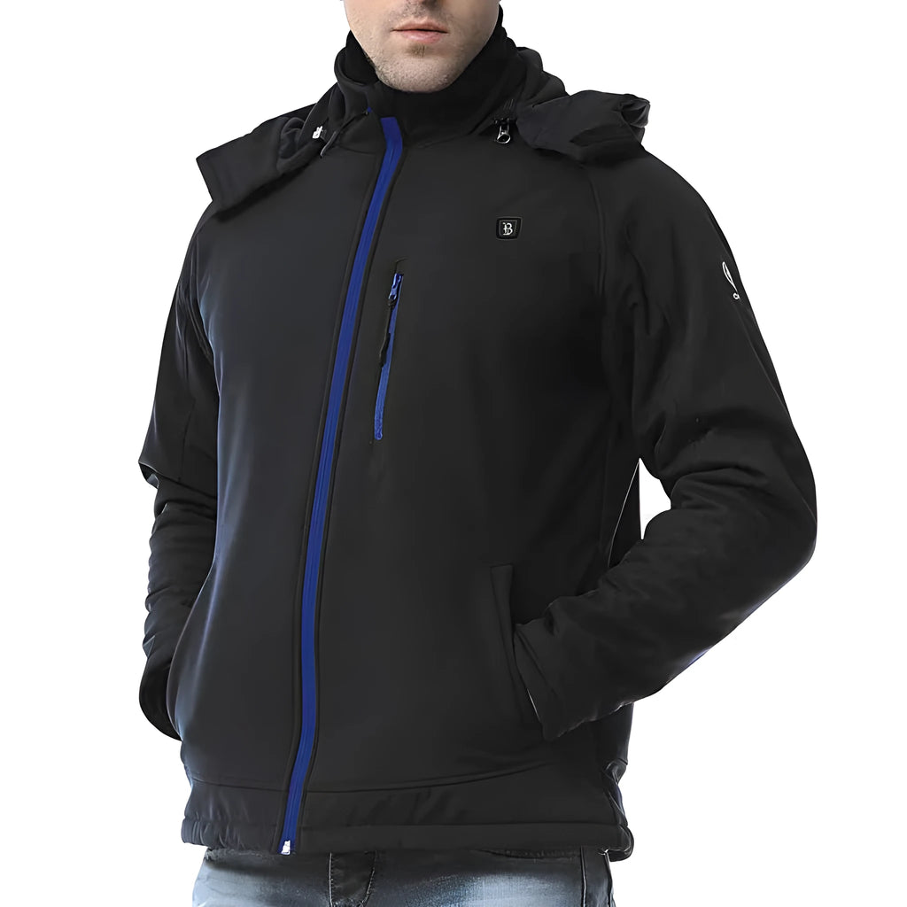 Black men's waterproof winter coat with thermal lining showing long sleeves and straight hem design