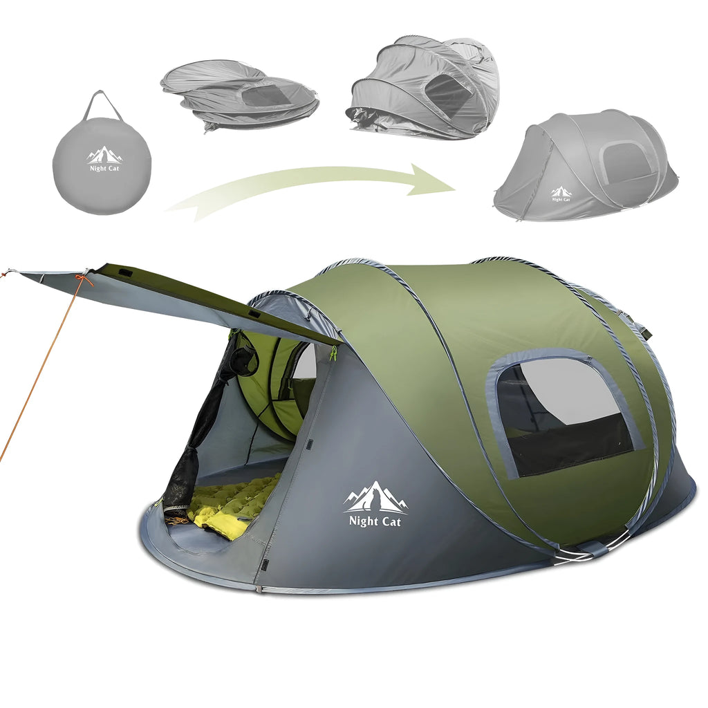 Dark green automatic instant pop-up camping tent for 2 people with dimensions 2.9m long by 2m wide