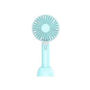 Blue portable USB handheld fan with three-speed control on desktop