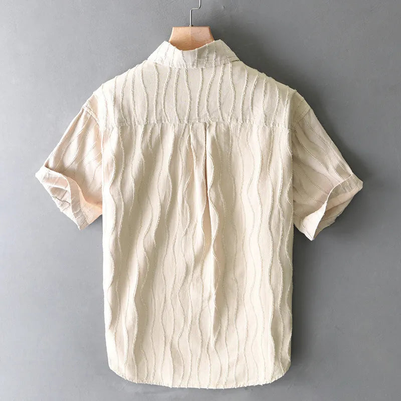 Men's apricot pure cotton short sleeve casual shirt with loose fit