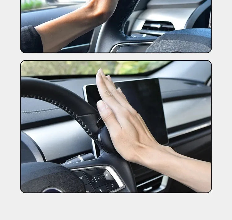 Black and blue silicone steering wheel assist ball with metal bearing booster measuring 9x6cm
