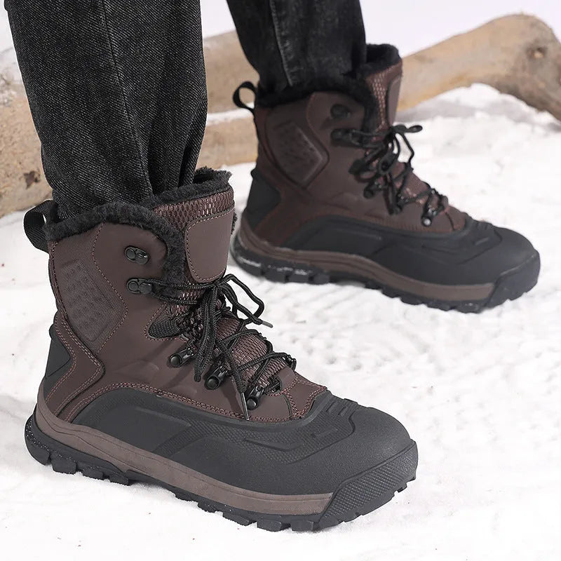 Men's black fleece-lined high-top boots with lace-up front and flat heel