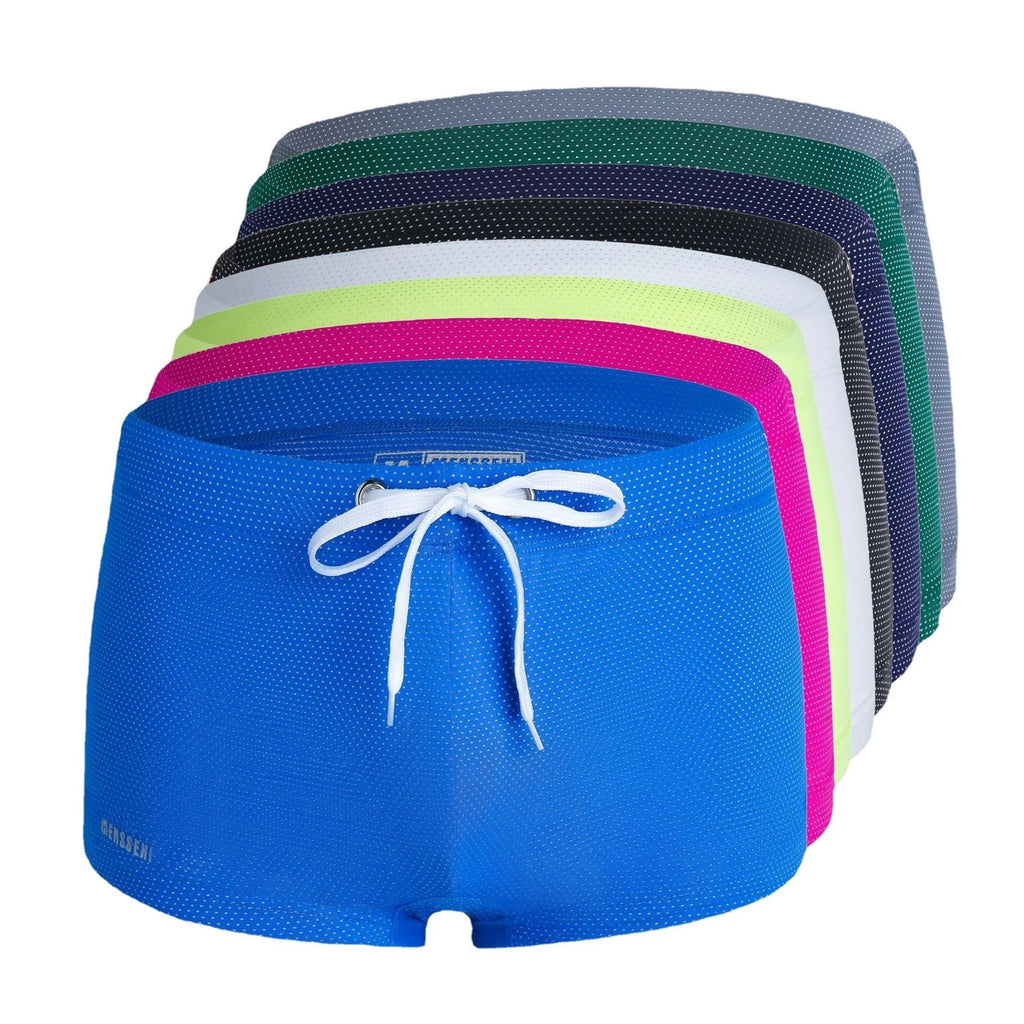 Man's low-waist nylon lace swimming trunks in a boxer brief style, shown in a solid colour.