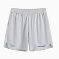 Men's fitness training shorts in blue, black, grey, or white made from polyester and spandex fabric.
