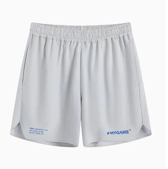 Men's fitness training shorts in blue, black, grey, or white made from polyester and spandex fabric.
