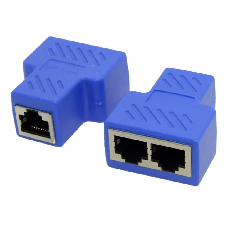 RJ45 network splitter adapter in five colour options showing three-way tee design
