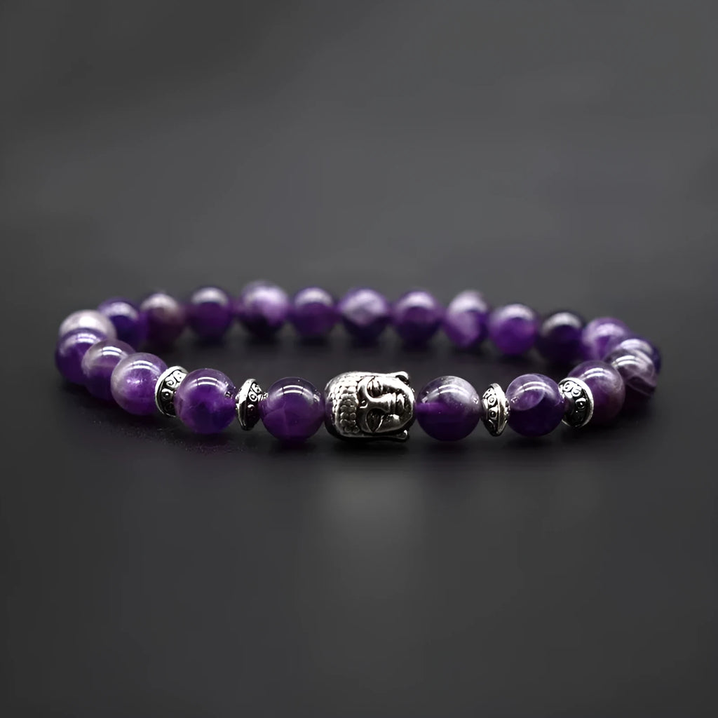 19mm Buddha head bracelet with Tiger Eye, amethyst, black agate, pink crystal, or green gold bead options