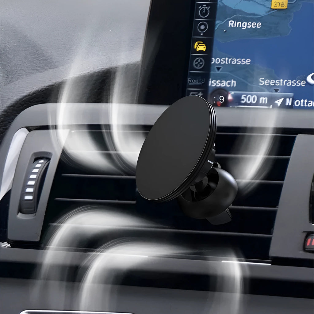 Black aluminium alloy magnetic car phone holder mounted on car dashboard with adjustable gooseneck arm
