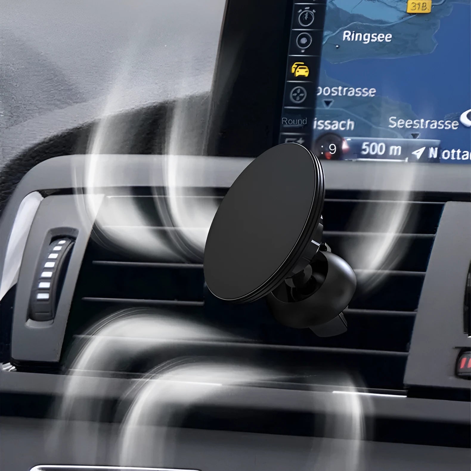 Black aluminium alloy magnetic car phone holder mounted on car dashboard with adjustable gooseneck arm