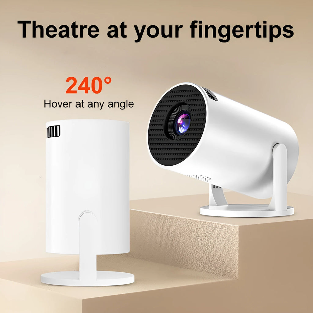 White mini portable wireless projector showing 1080p HD resolution and same-screen mirroring capability