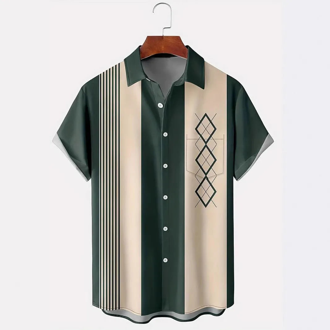 Men's loose fit short-sleeved lapel shirt with a printed plaid pattern, shown in a choice of colours.