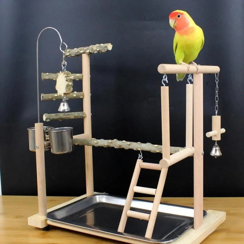 Parrot toy stand with bird swing and perch made from natural pepper wood