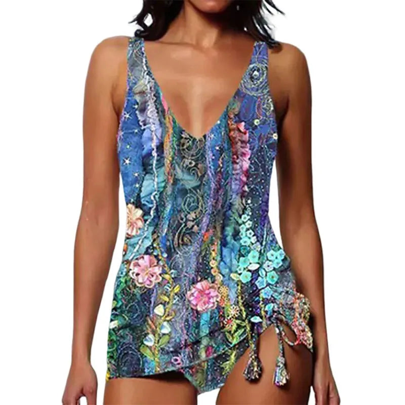 Women's solid colour spandex bikini set with triangle top and split shorts on a mannequin.