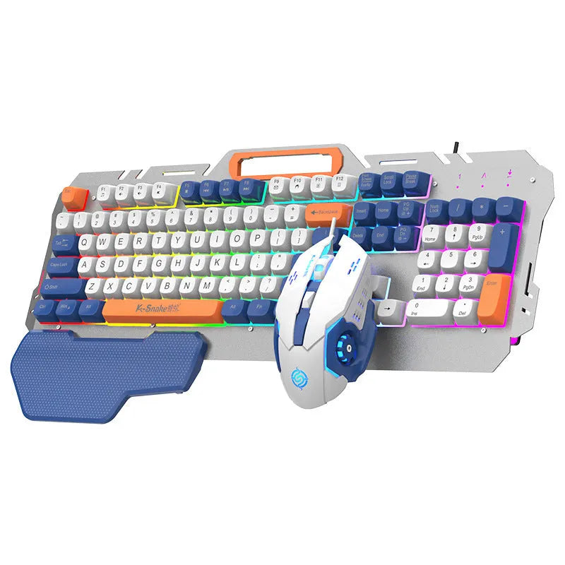 Blue wired gaming keyboard and mouse set with backlit keys on a desktop
