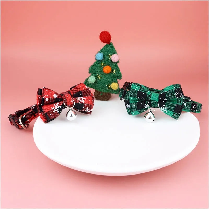 Red and green tartan pet collar with detachable bowtie, 30cm long, 1cm wide, for cats and dogs