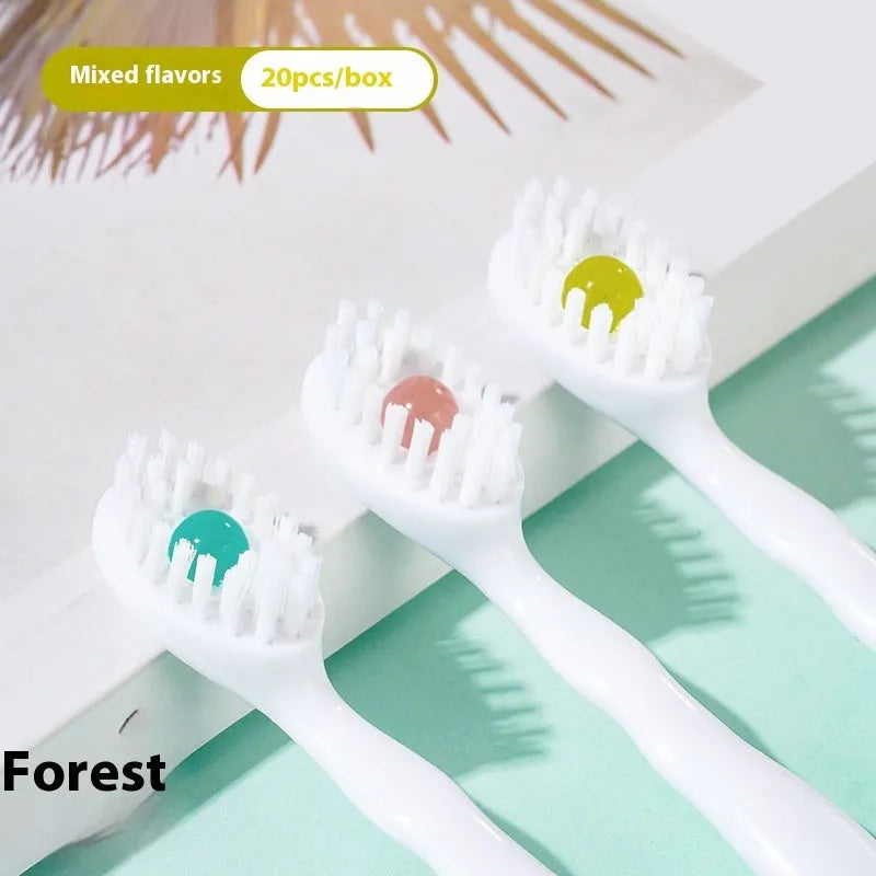 Box of 20 disposable beaded toothbrushes with flavour options including mint, peach, and plum green tea.