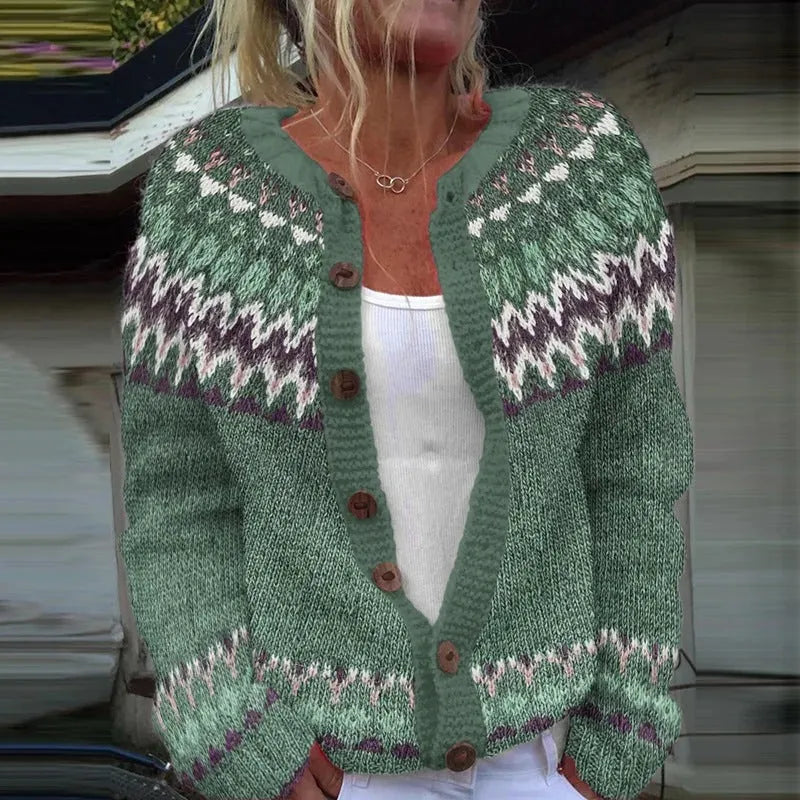 Yellow knitted cardigan coat with a raised 3D digital print pattern