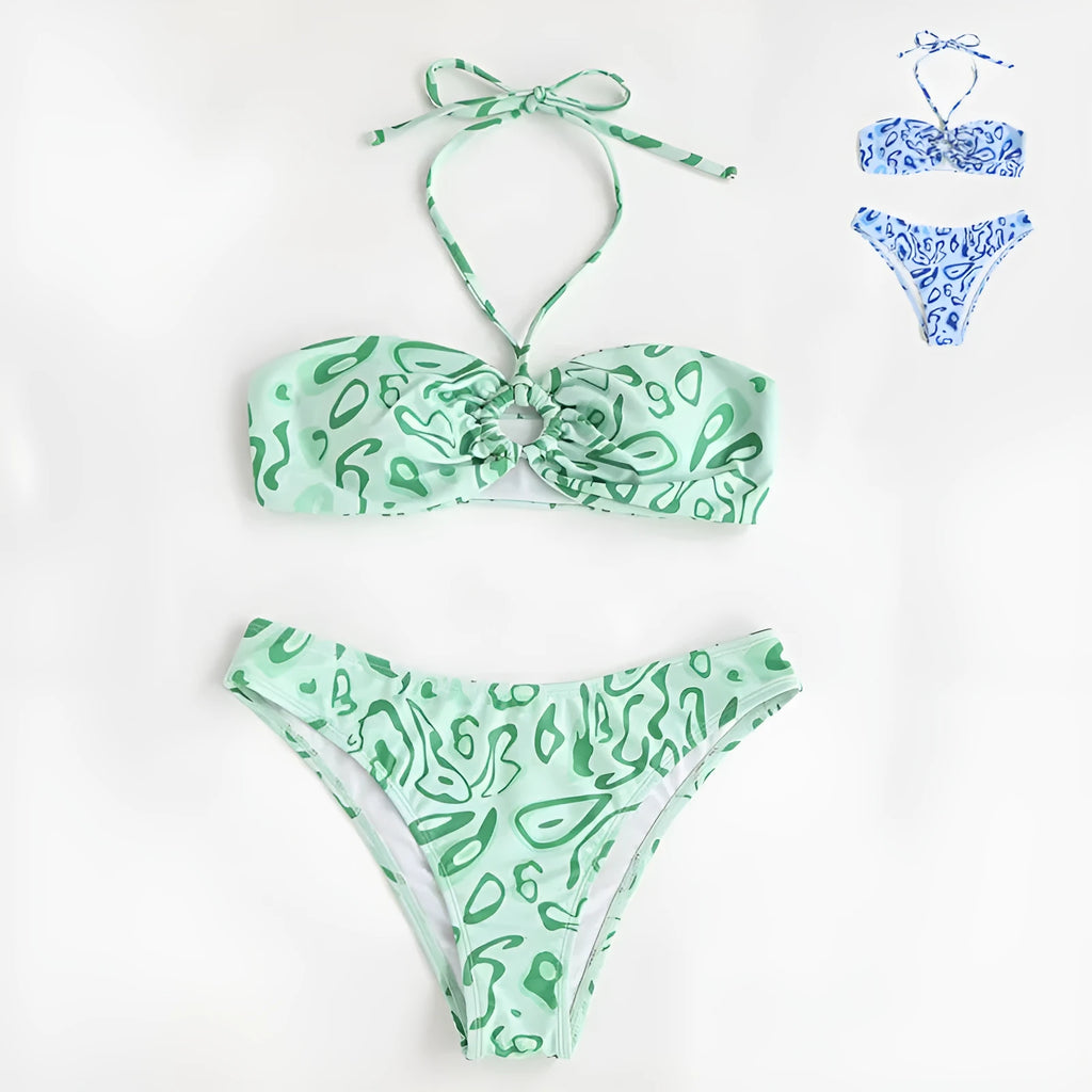 Green floral bandeau bikini swimsuit with split style bottom and backless design on mannequin