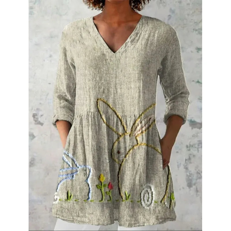 Women's printed loose dress with wave pattern, wide waistband, and 3/4 sleeves in polyester fabric