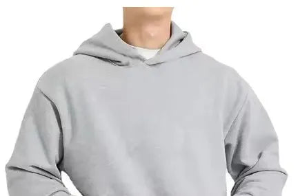 Men's grey fleece-lined cotton hoodie with wool lining, pullover style with long sleeves
