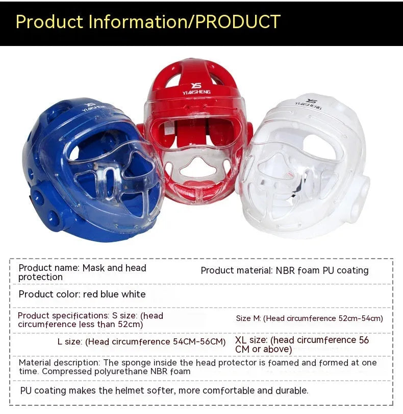 Karate helmet protective equipment for boxing training in white, blue and red colour options
