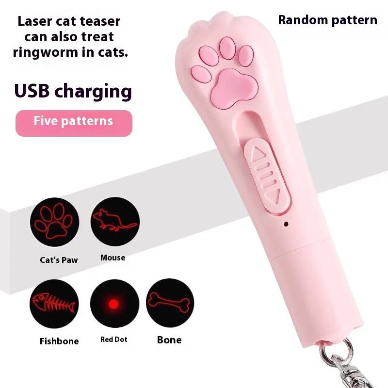 Cat teaser toy with built-in laser pointer in cream white, pink, or blue colour options