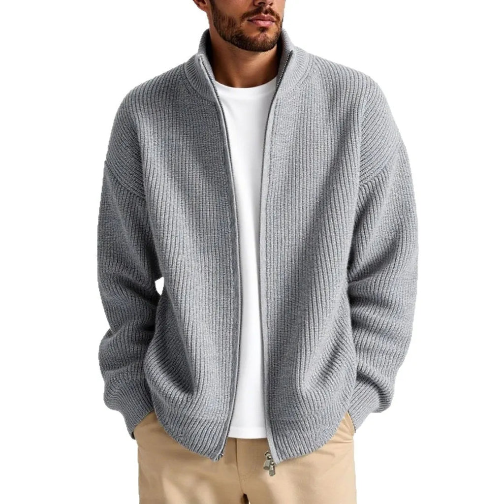 Loose fit men's cardigan sweater in an acrylic blend fabric on a hanger