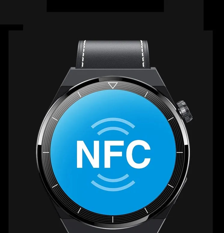 Android smart watch with round screen and silicone band showing Bluetooth and NFC functionality