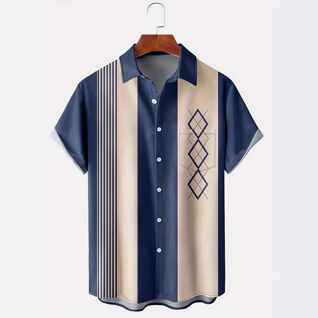 Men's loose fit short-sleeved lapel shirt with a printed plaid pattern, shown in a choice of colours.