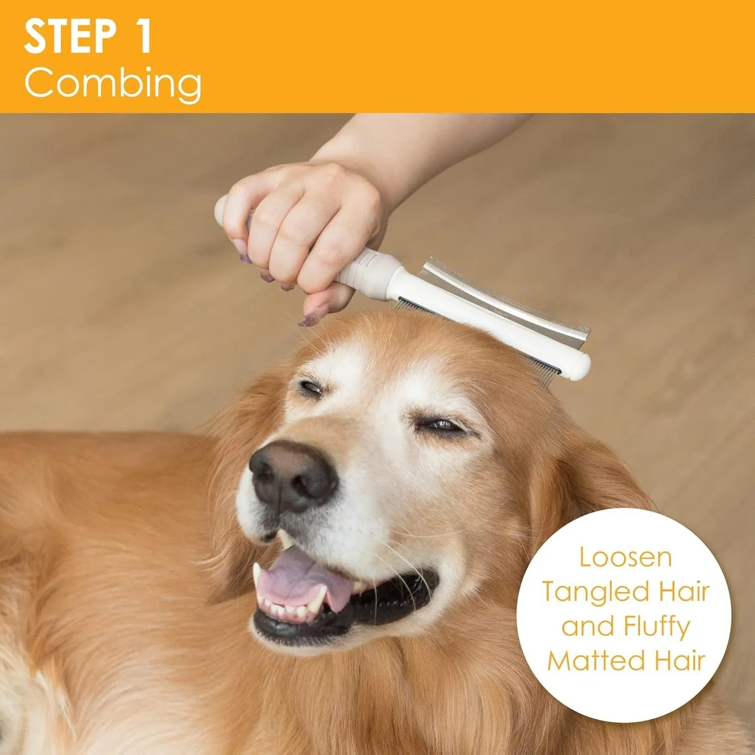 White double sided pet brush with grooming comb and deshedding brush head on an ergonomic handle.