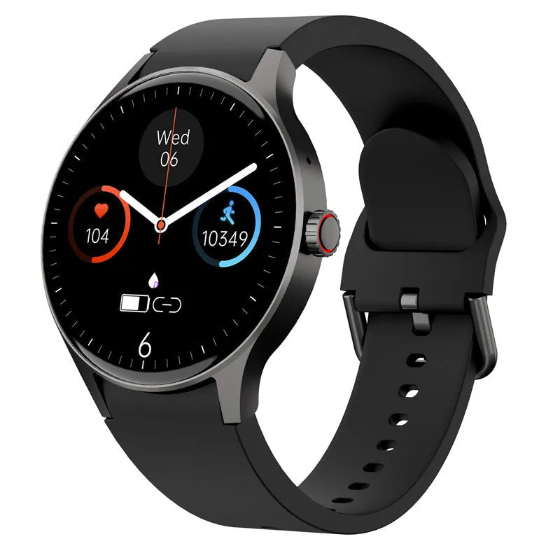 Smart Bluetooth sport watch with circular AMOLED display in black, blue, pink, or red colours