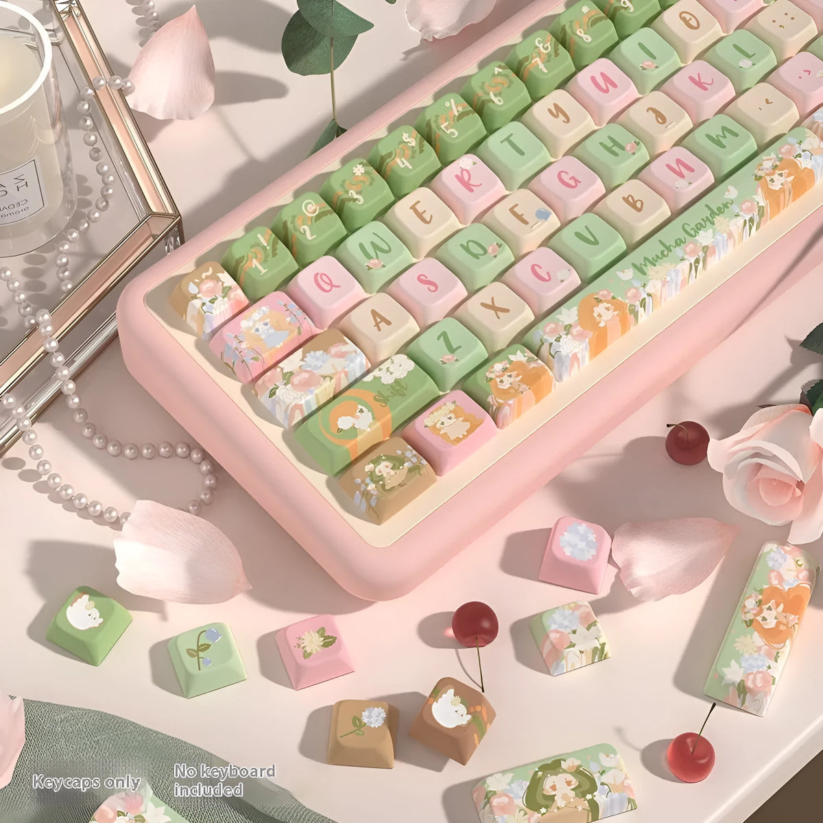 Mu Xia Garden Summer Garden dye-sublimated mechanical keyboard keycap set showing colourful design.