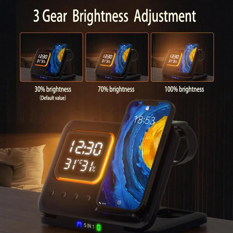 Black or white 5-in-1 wireless charging station with LED display showing time and temperature, charging phone and watch.