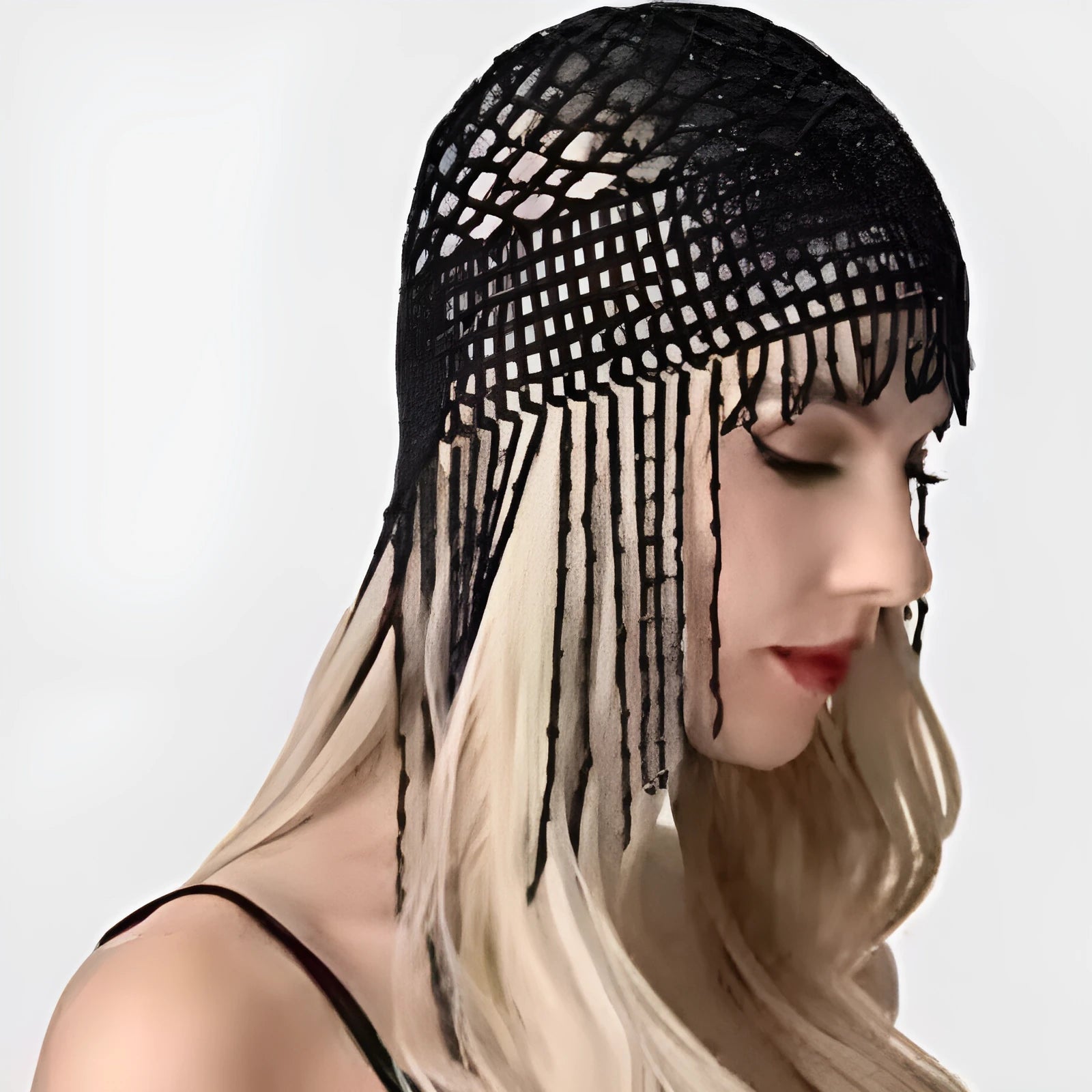 Handmade alloy belly dance hat with tassels and decorative mesh panels.