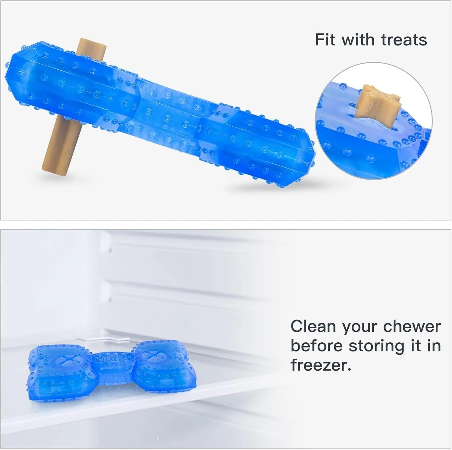 Freezable dog teething toy in bone and circle shapes for cooling chew and dental care