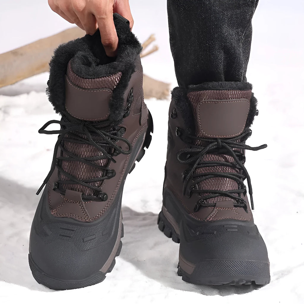 Men's black fleece-lined high-top boots with lace-up front and flat heel