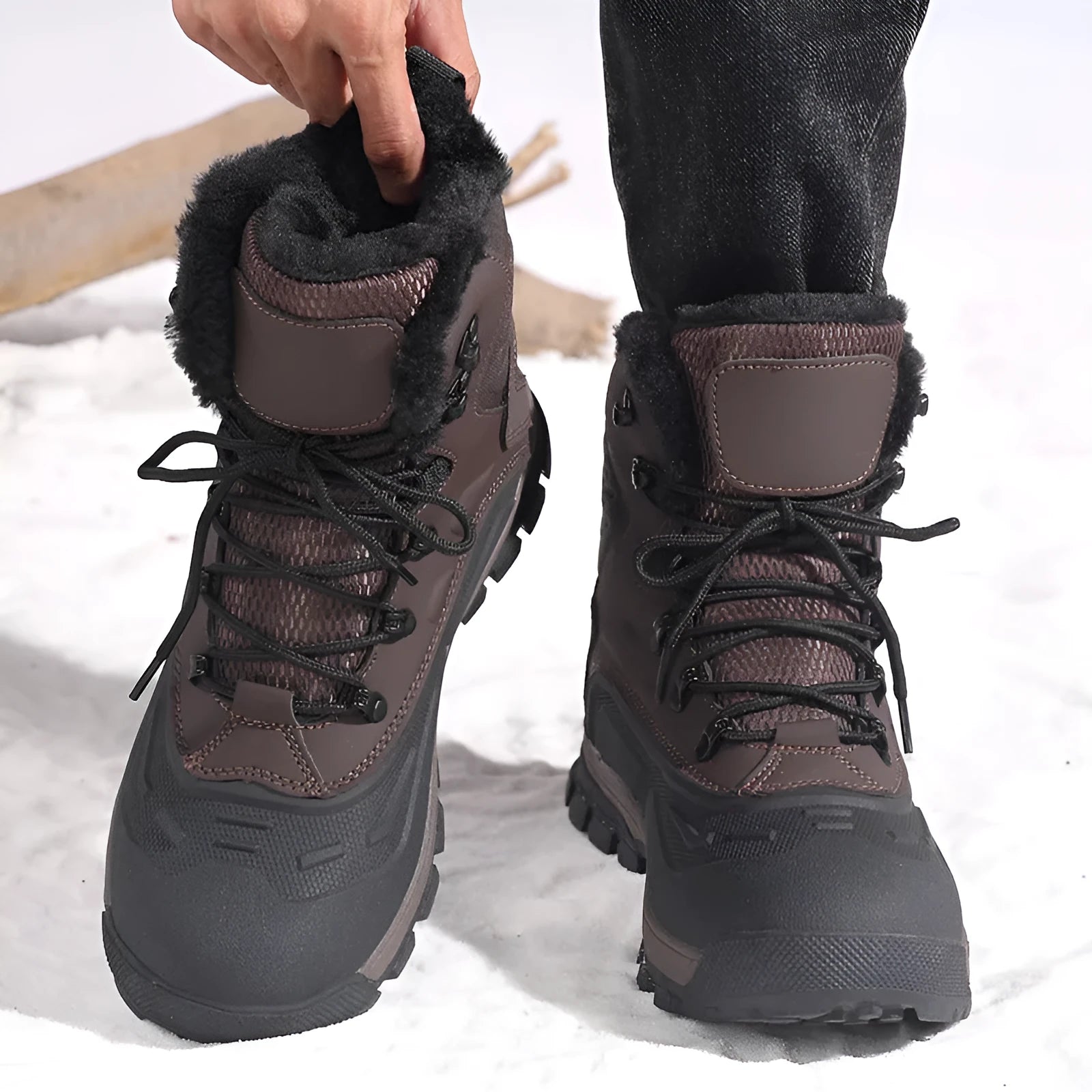 Men's black fleece-lined high-top boots with lace-up front and flat heel