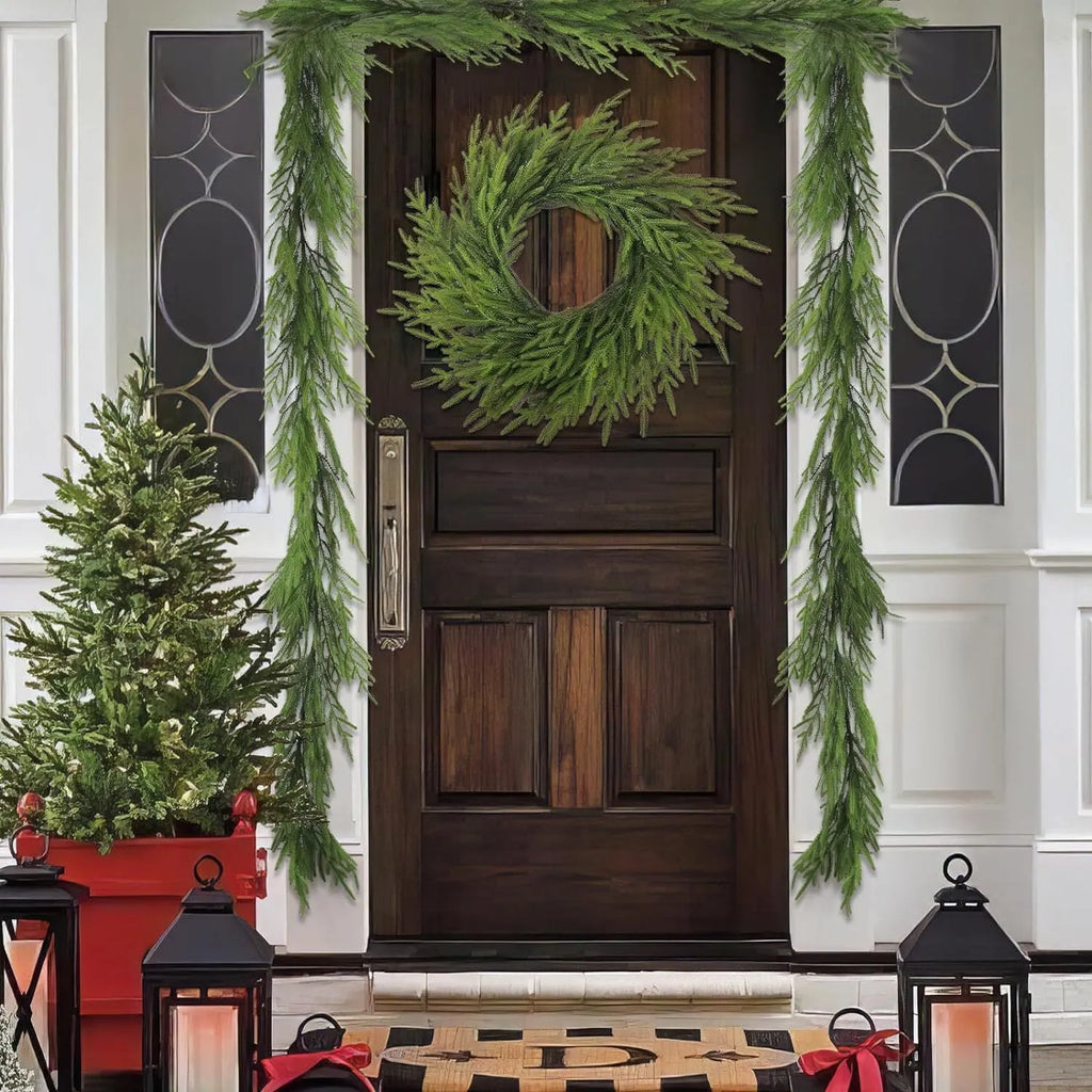 PE plastic front door garland in American country style, 60cm long with green leaves.