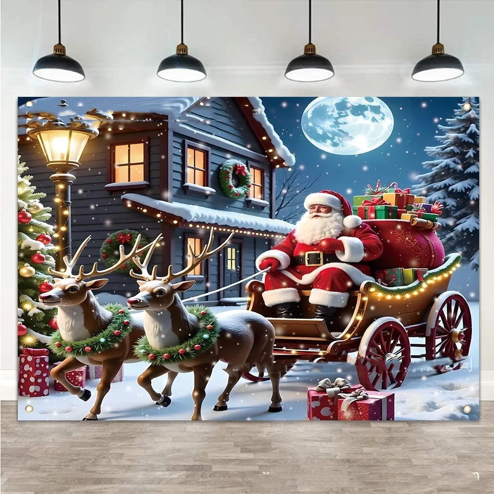 Santa Claus Christmas banner with night gift scene on polyester fabric measuring 210x150 cm