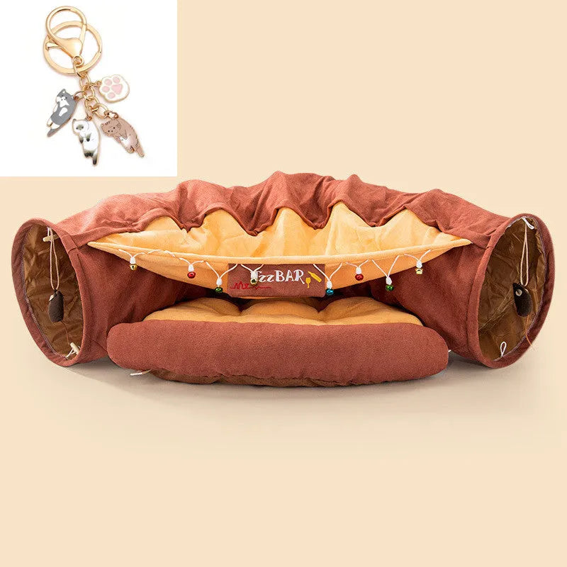 Collapsible cloth cat tunnel in bar, coffee, matcha, or pink colour, showing its 45cm length.