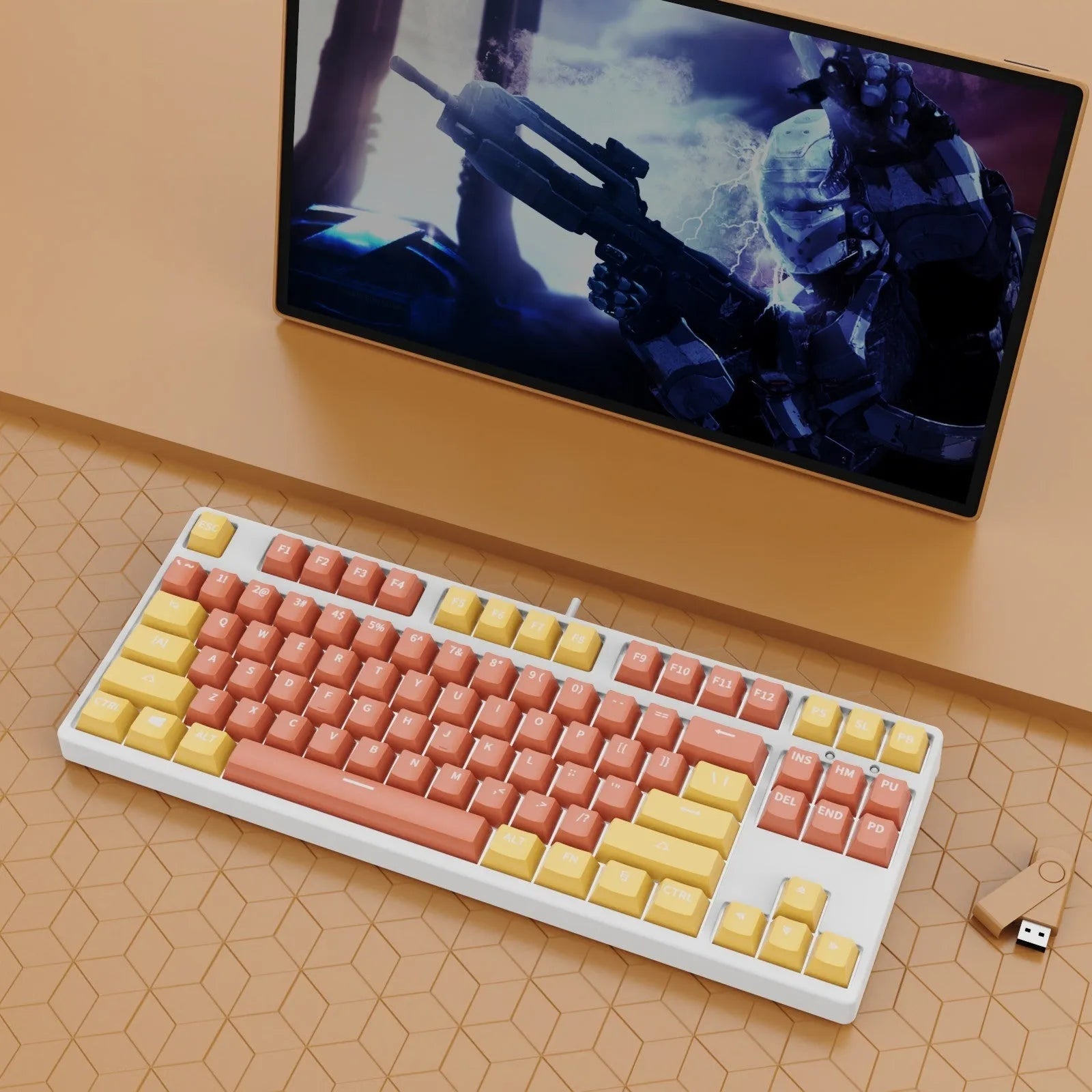 87-key wired mechanical keyboard with two-tone keycaps in orange and yellow colour combination