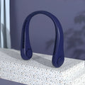 Blue portable bladeless neck fan with adjustable settings and USB charging cable