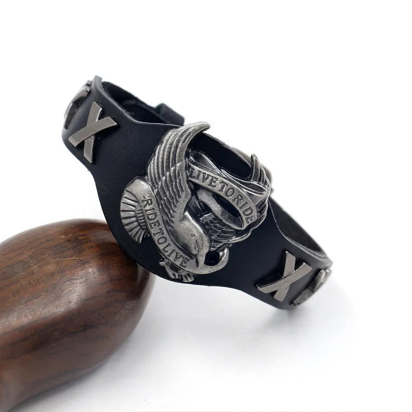 Black geometric eagle design alloy watch-buttom bracelet with leather strap